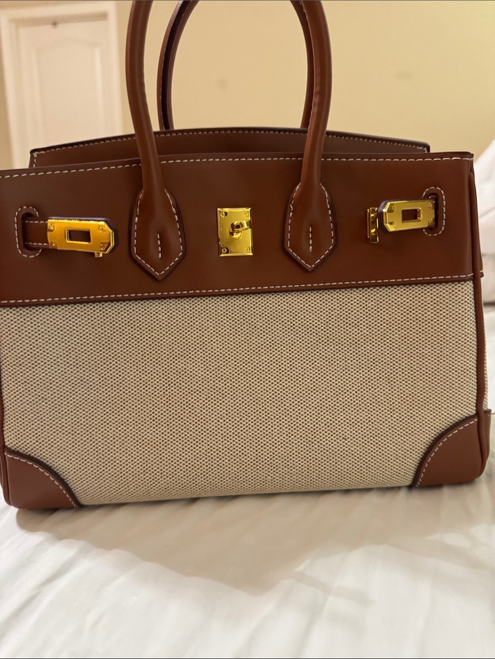 Classic Tan & Cream Structured Tote Handbag